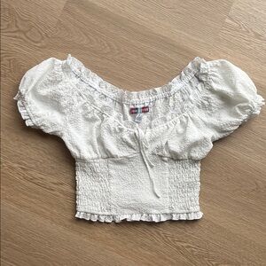 Urban Outfitters White Smocked Puff Sleeve Top